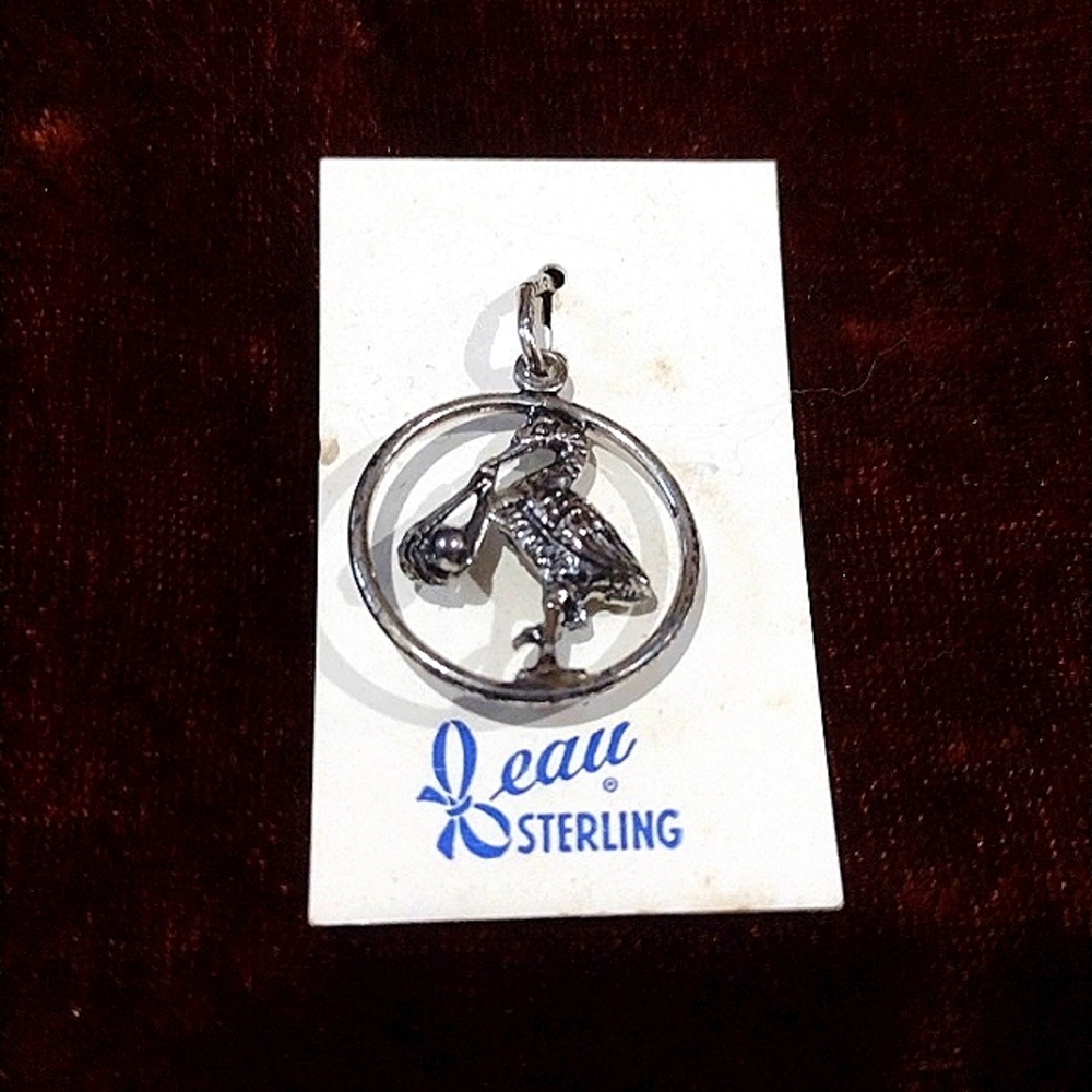 Vintage Stork & Baby Charm, Original Tags, 925 Beau Sterling, Miller & Rhoads